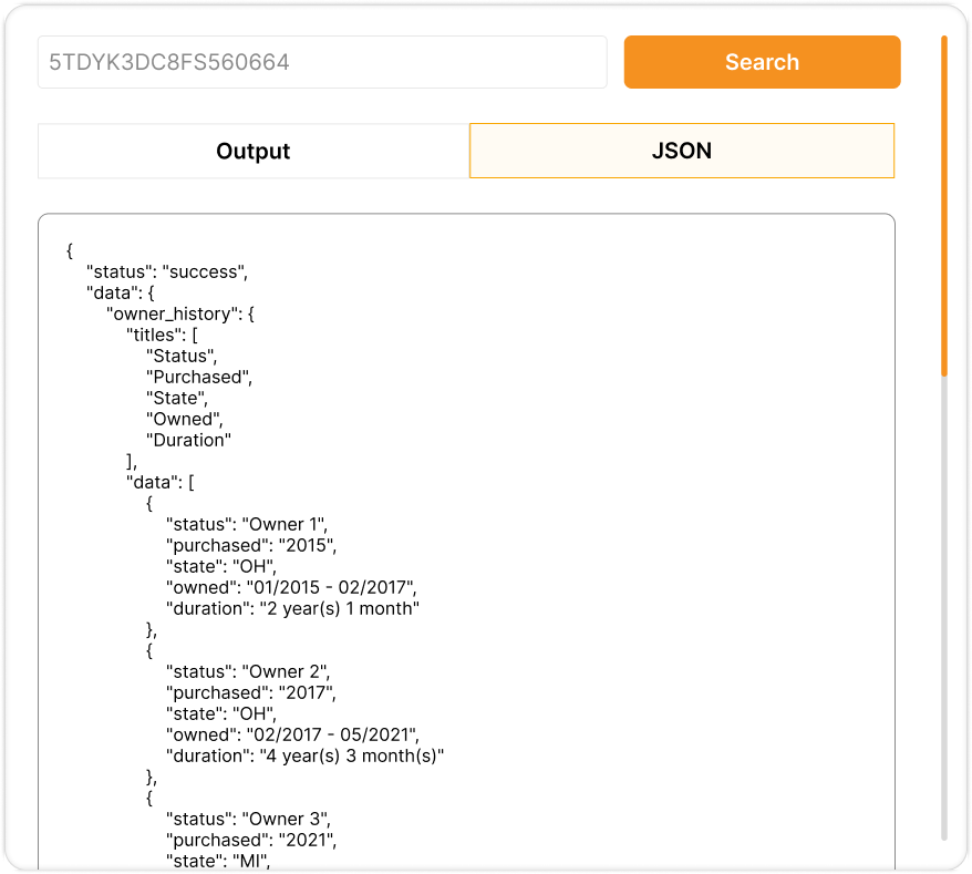 vehicle history api json sample